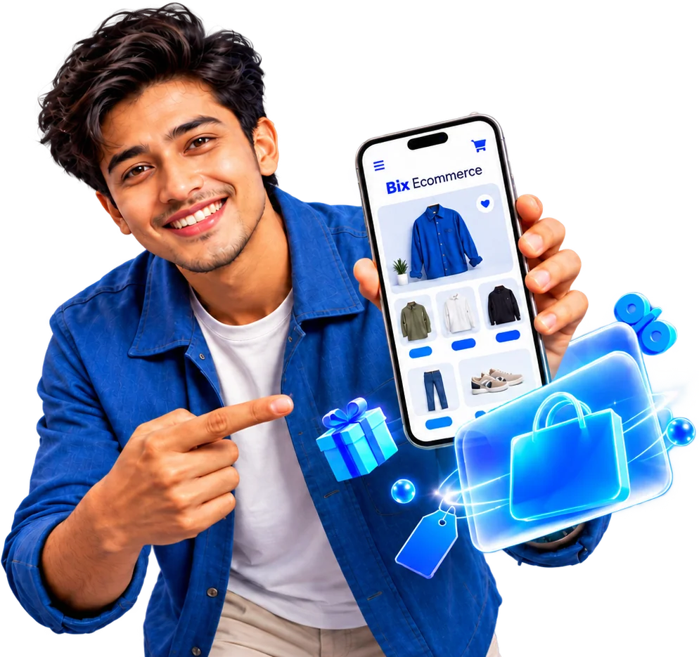 A smiling shop owner showing a Bix Ecommerce store on his phone